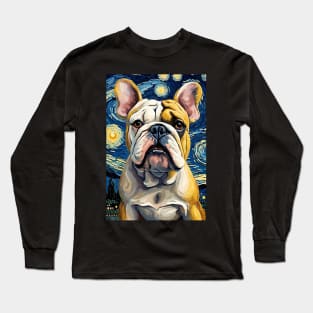 English Bulldog Dog Breed Painting in a Van Gogh Starry Night Art Style Long Sleeve T-Shirt